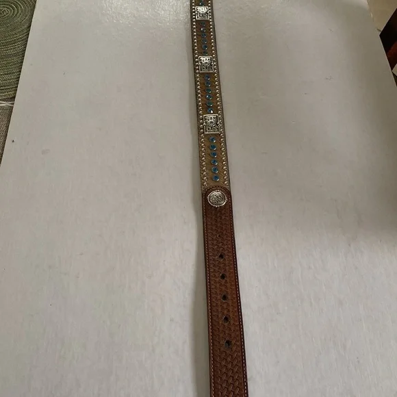 NOCONA Western Leather Belt with Silver Buckle, Rhinestones and calf hair Sz 38